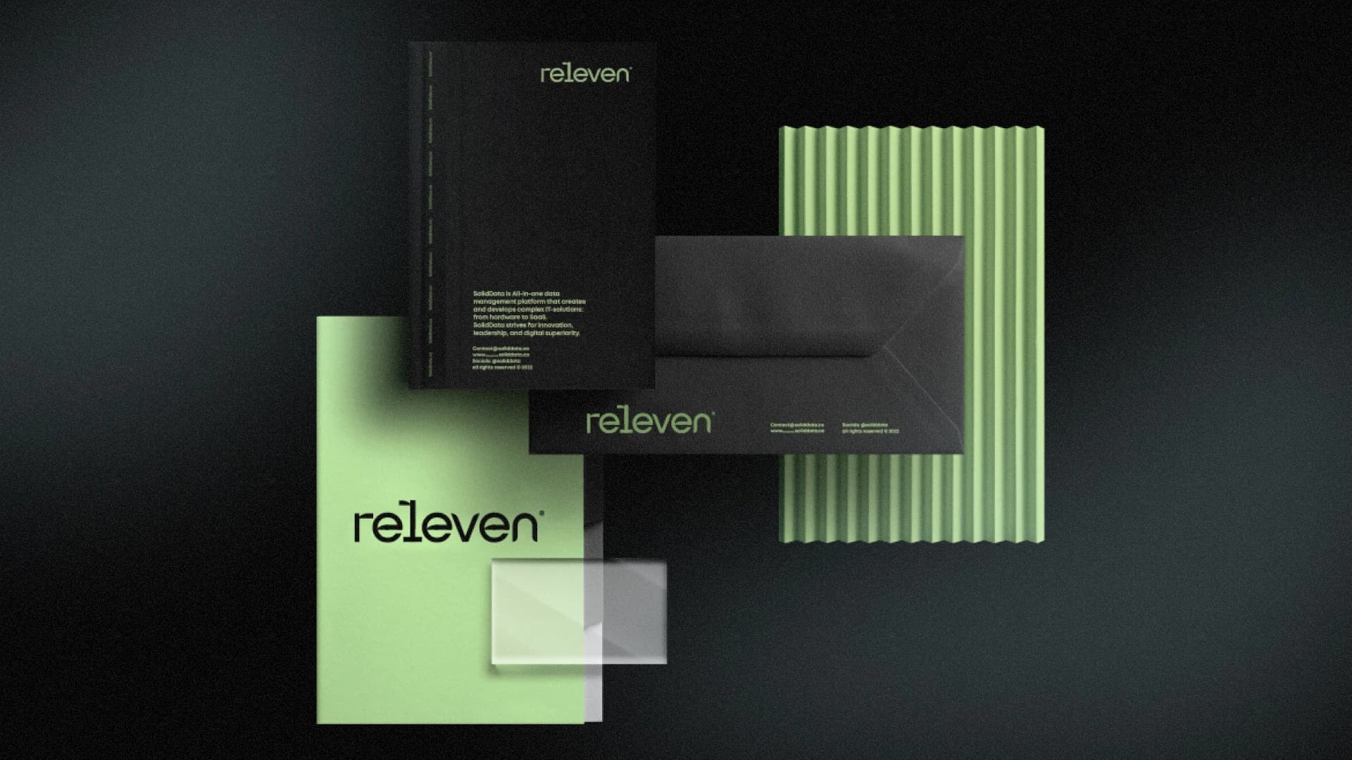 Releven brand identity system — brand book, envelope and stationery
