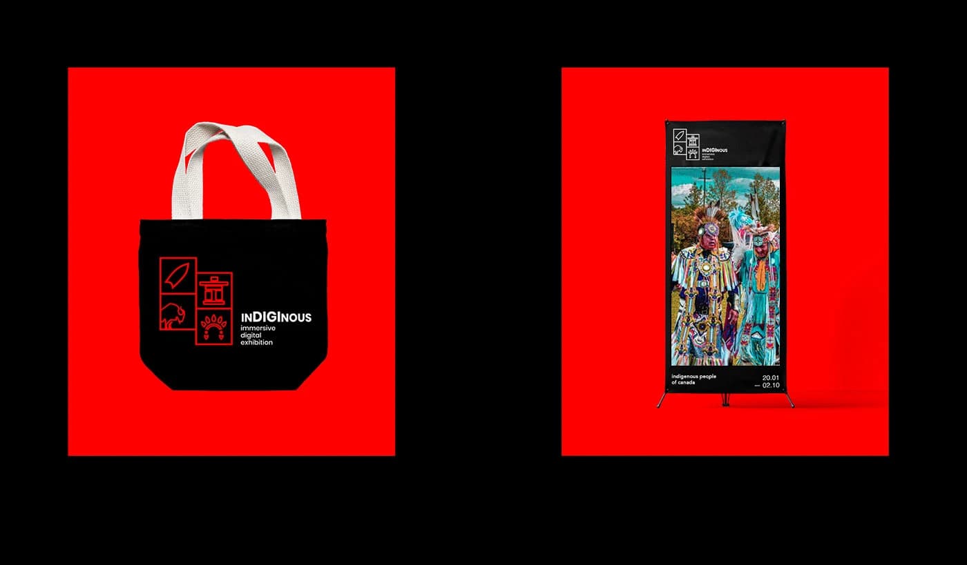 InDIGInous exhibition collateral — branded tote bag and exhibition banner