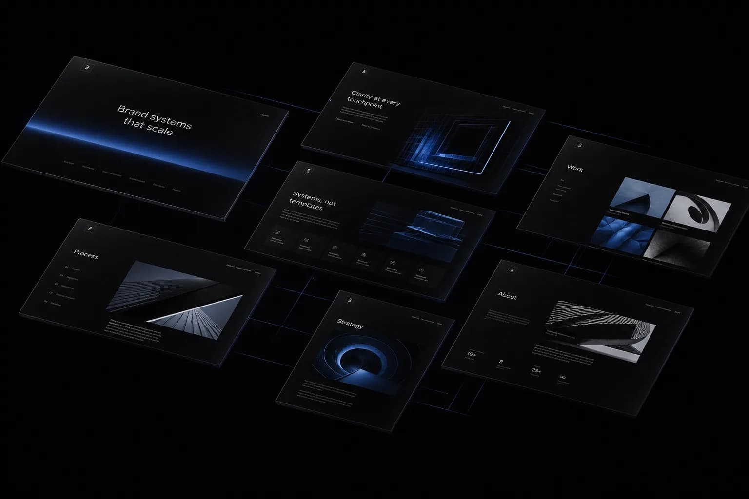 Floating dark-mode website screens connected by wireframe guides — B2B web design concept example