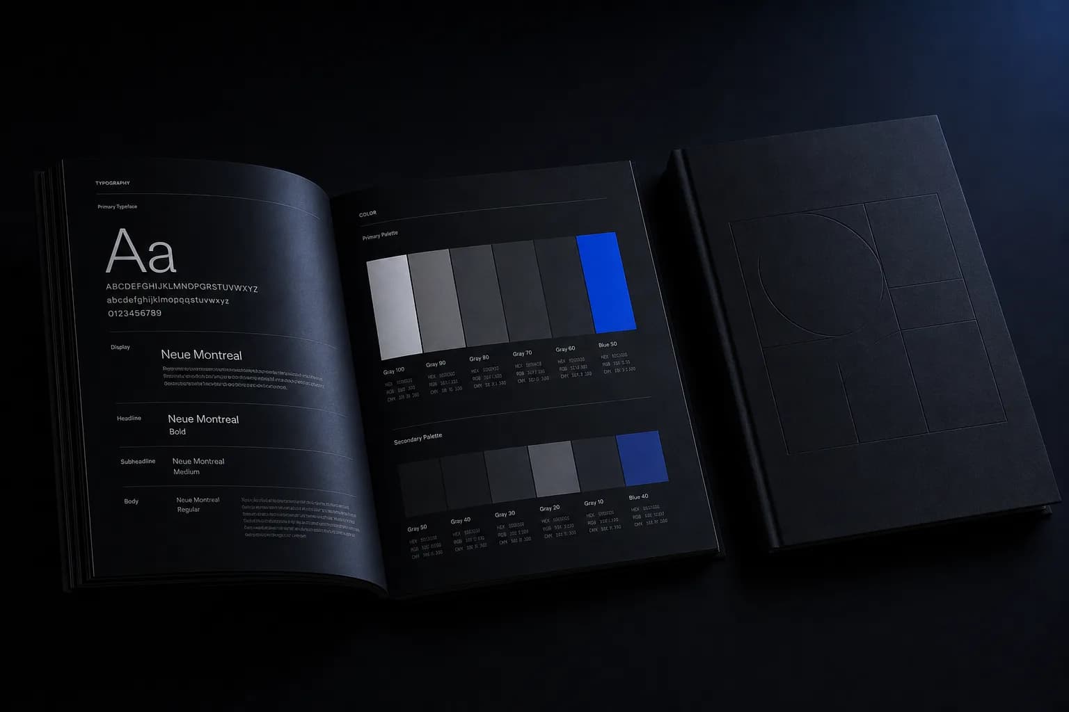 Open premium brand book spread with typography scale and color swatches — brand identity concept example