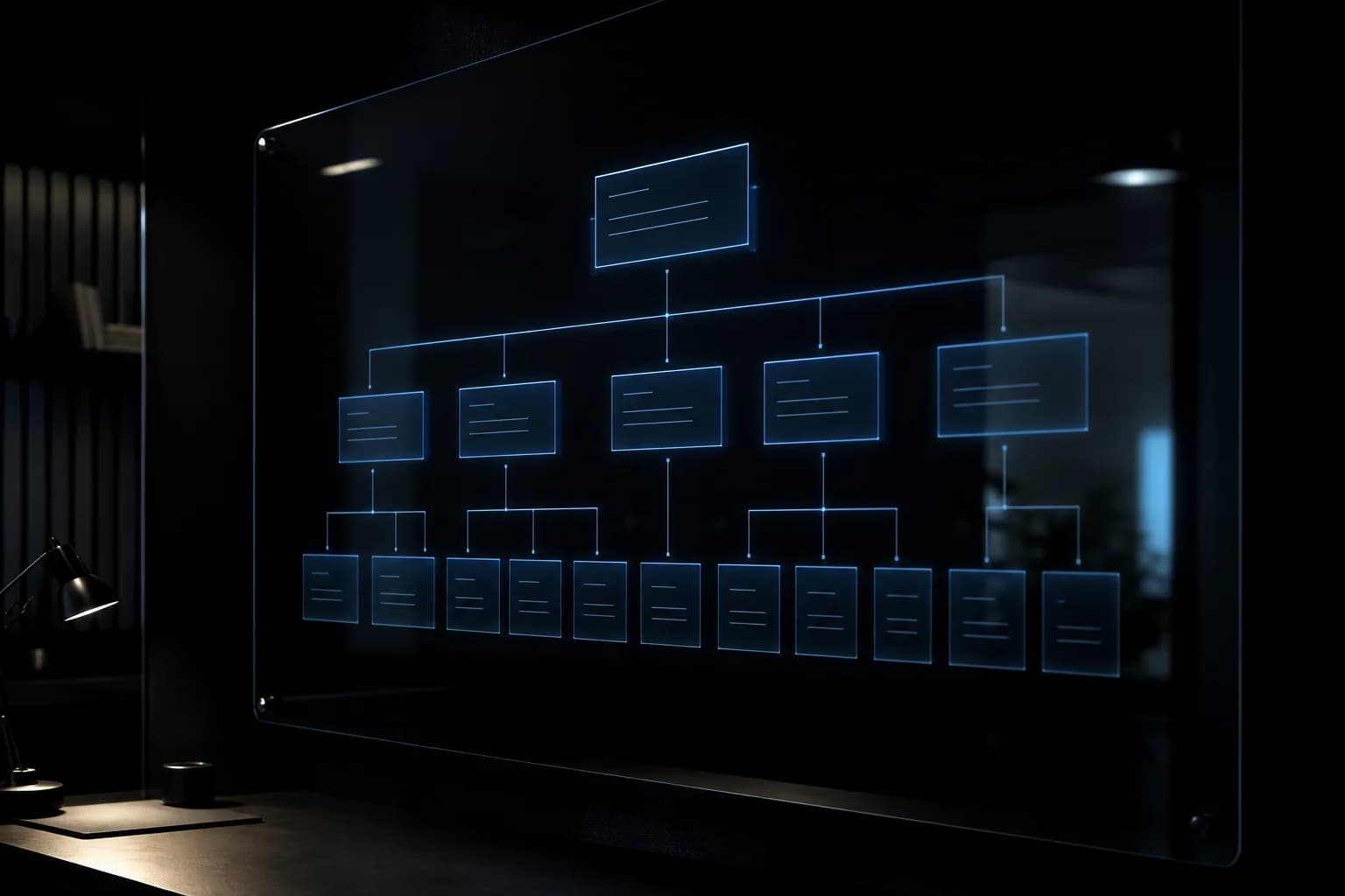 Messaging architecture diagram rendered on dark glass — communication strategy concept example