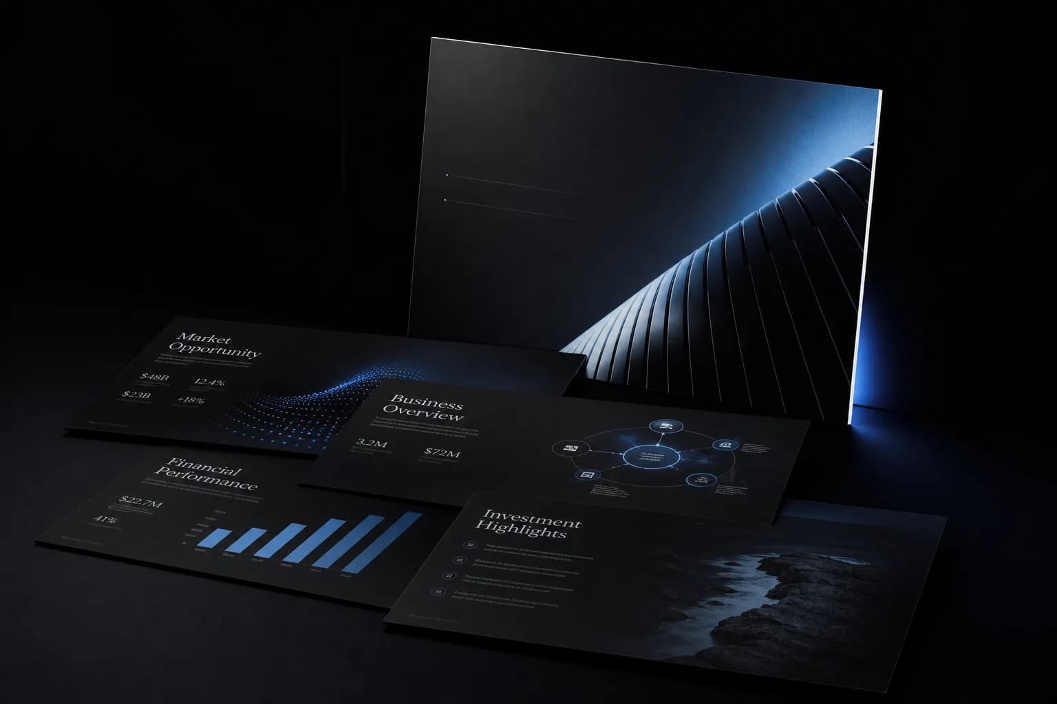 Fanned investor presentation slides with one standing lit slide — presentation design concept example