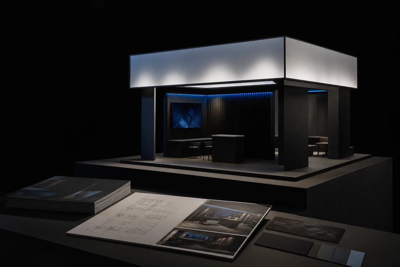 Backlit exhibition booth model with product sheets on a pedestal — trade-show collateral concept example